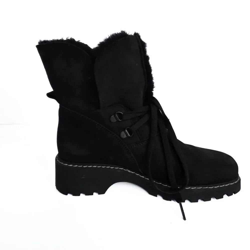 La Canadienne Shearling Lace Up Booties Womens 6.5 M Black Square Toe Waterproof